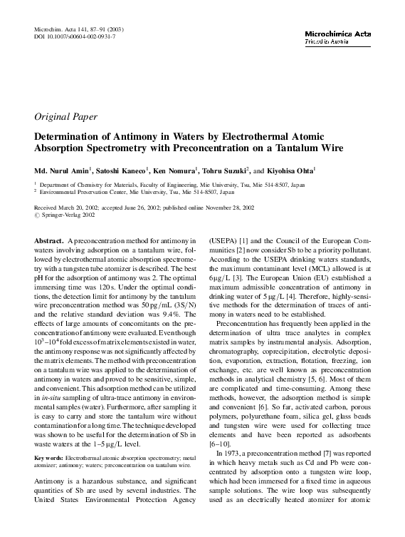 (PDF) Determination of Antimony in Waters by Electrothermal Atomic