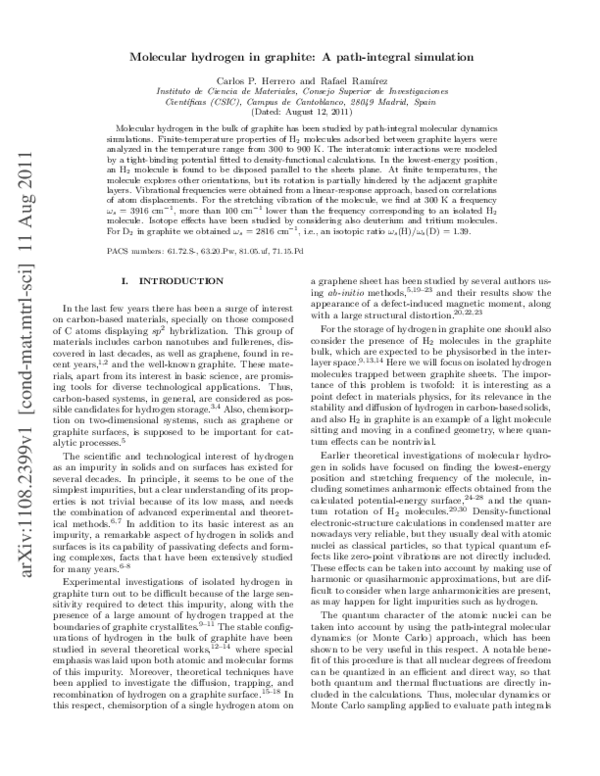 (PDF) Molecular hydrogen in graphite: A path-integral simulation