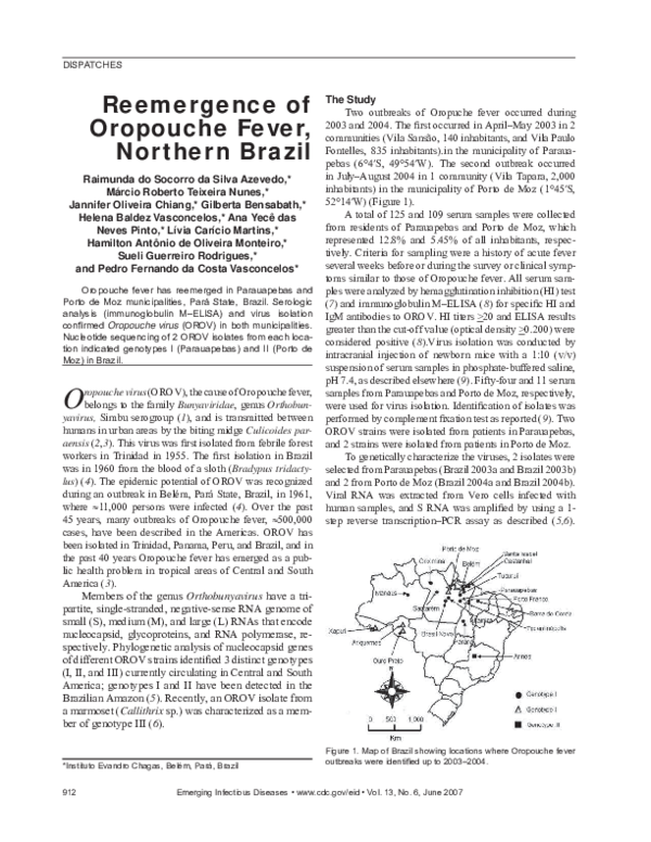(PDF) Reemergence of Oropouche Fever, Northern Brazil | Marcio Nunes