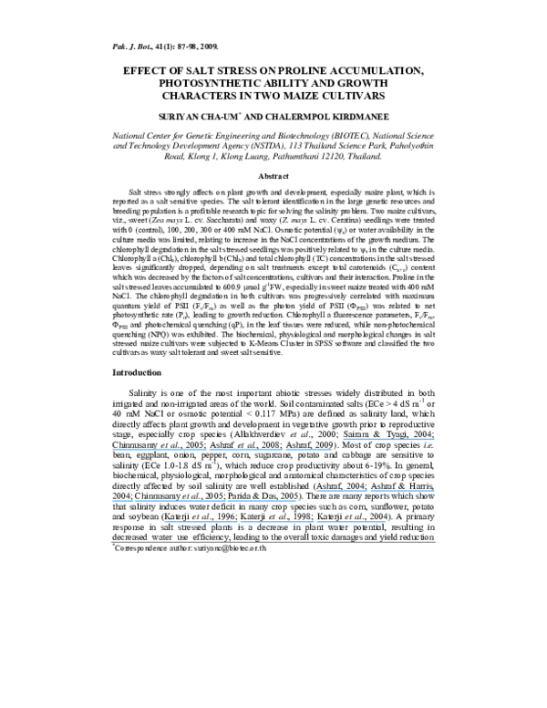 (PDF) Effect of salt stress on proline accumulation, photosynthetic ...