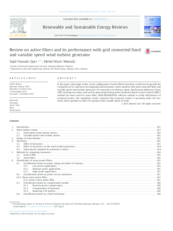 (PDF) Review on Active Filter Performance with Grid connected wind turbine