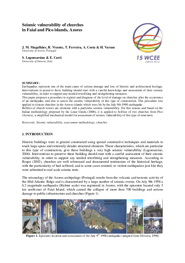 (PDF) Seismic vulnerability of churches in Faial and Pico islands, Azores