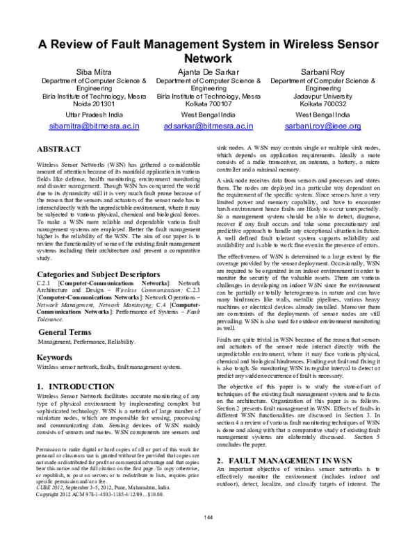 (PDF) A review of fault management system in wireless sensor network