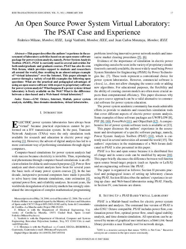(PDF) An Open Source Power System Virtual Laboratory The PSAT Case and
