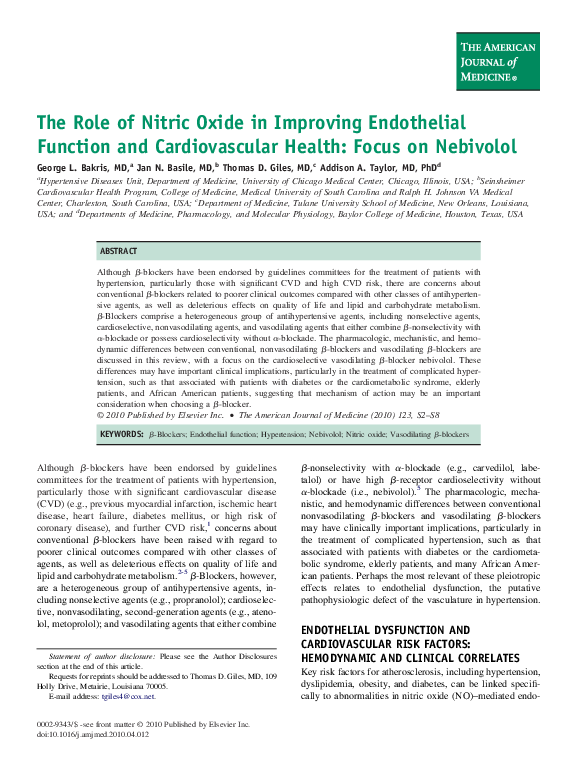 (PDF) The Role of Nitric Oxide in Improving Endothelial Function and