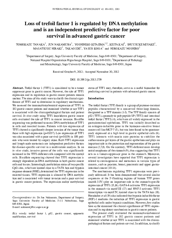 (PDF) Loss of trefoil factor 1 is regulated by DNA methylation and is ...
