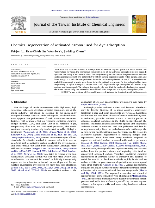 (PDF) Chemical regeneration of activated carbon used for dye adsorption