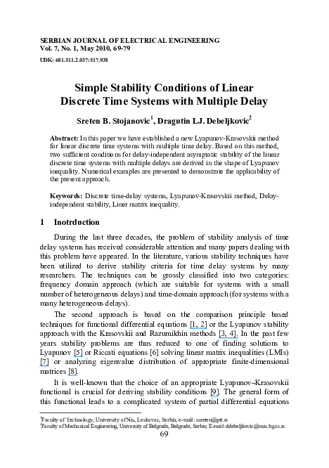 (PDF) Simple stability conditions of linear discrete time systems with ...