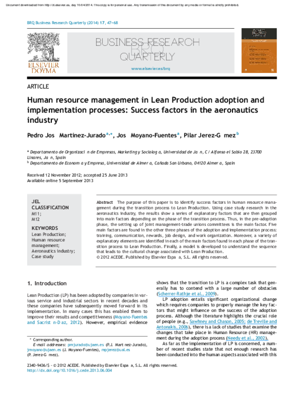 (PDF) Human resource management in Lean Production adoption and ...