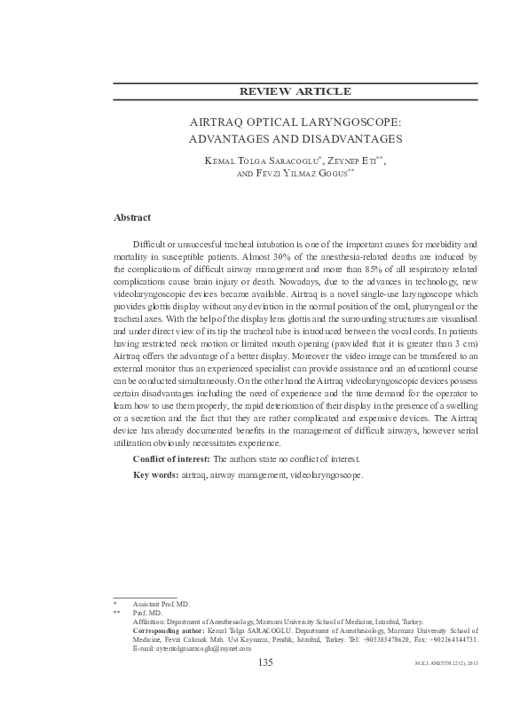 (PDF) Airtraq optical laryngoscope advantages and disadvantages zeynep eti Academia.edu