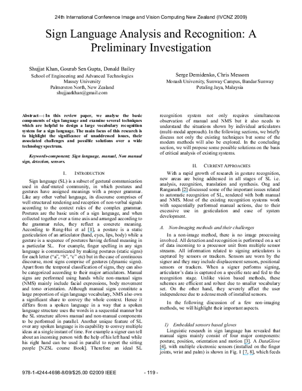 (PDF) Sign language analysis and recognition: A preliminary investigation