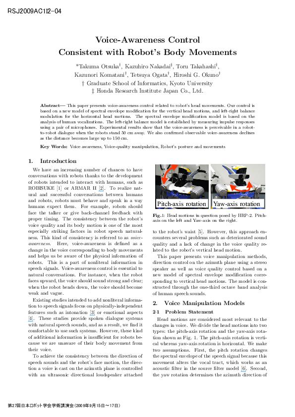 (PDF) Voice-awareness control for a humanoid robot consistent with its ...