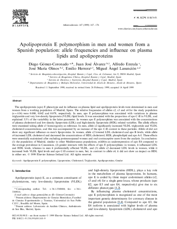 (PDF) Apolipoprotein E polymorphism in men and women from a Spanish ...