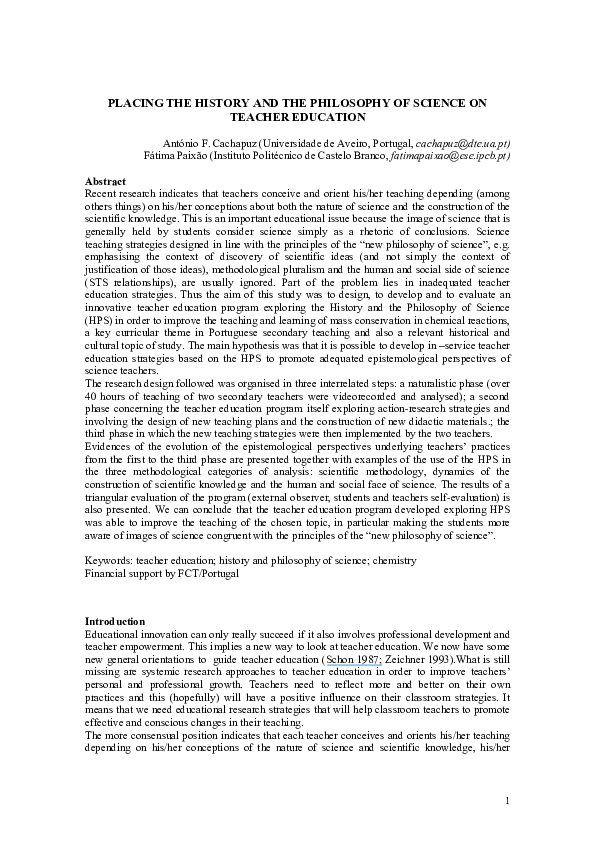 (PDF) The History and Philosophy of Science in Science Teacher Education