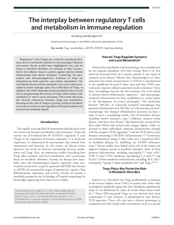 (PDF) The interplay between regulatory T cells and metabolism in immune ...
