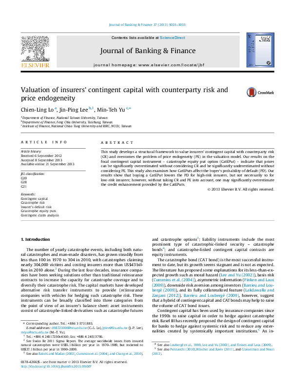 (PDF) Valuation of insurers’ contingent capital with counterparty risk ...
