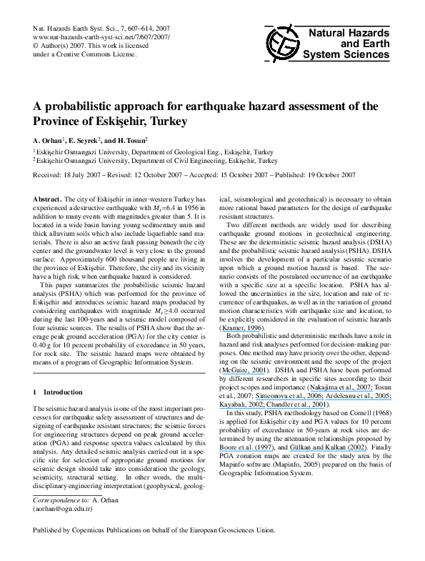 (PDF) A probabilistic approach for earthquake hazard assessment of the ...