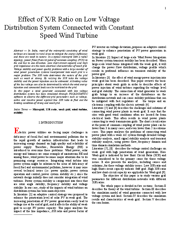 (DOC) Effect of X/R Ratio on Low Voltage Distribution System Connected