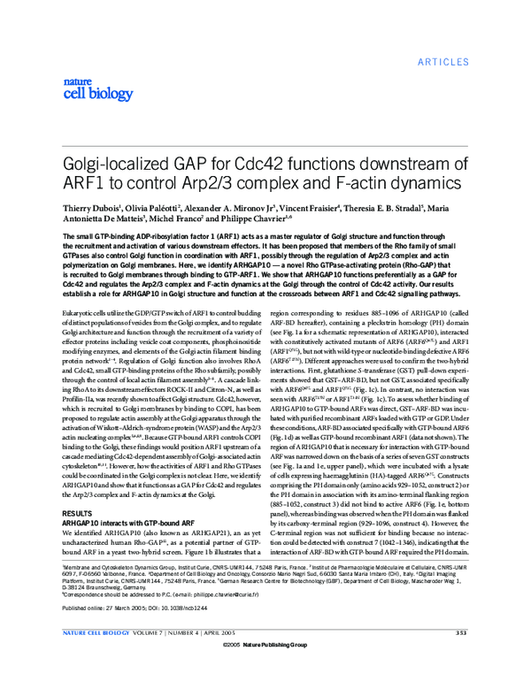 (PDF) Golgi-localized GAP for Cdc42 functions downstream of ARF1 to ...
