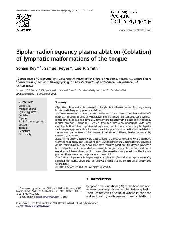 Pdf Bipolar Radiofrequency Plasma Ablation Coblation Of Lymphatic Malformations Of The Tongue Soham Roy Academia Edu