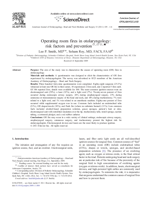 (PDF) Operating room fires in otolaryngology: risk factors and prevention