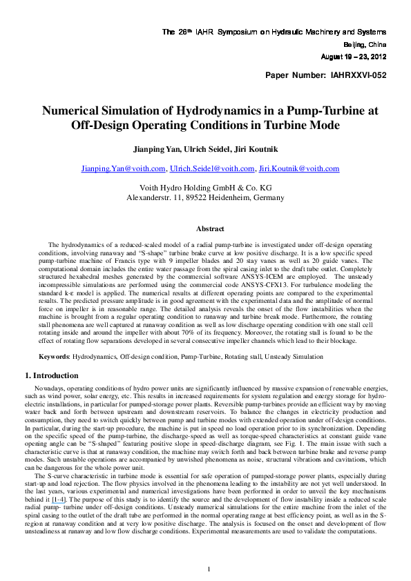 (PDF) Numerical simulation of hydrodynamics in a pump-turbine at off ...
