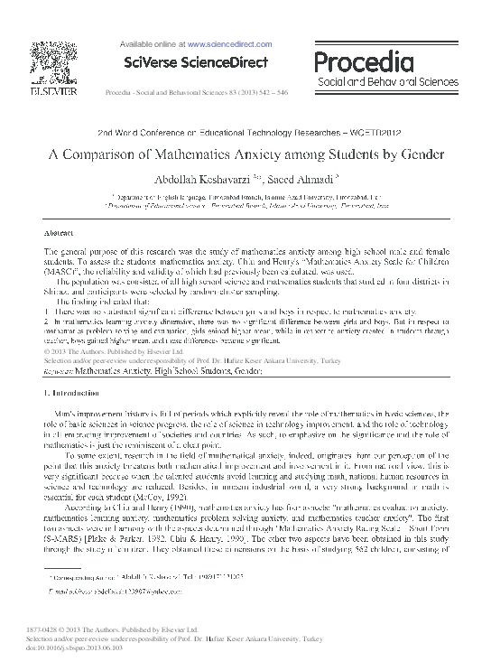(PDF) A Comparison of Mathematics Anxiety among Students by Gender