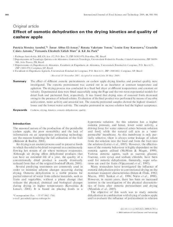(PDF) Effect of osmotic dehydration on the drying kinetics and quality ...