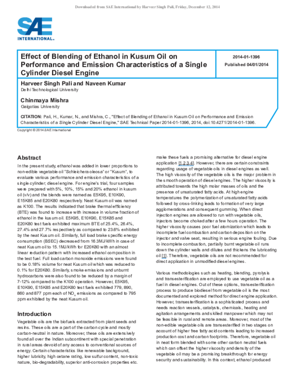 (PDF) Experimental Investigation of Diesel Engine Fueled with Jatropha ...
