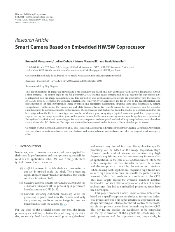 (PDF) Smart Camera Based on Embedded HW/SW Coprocessor
