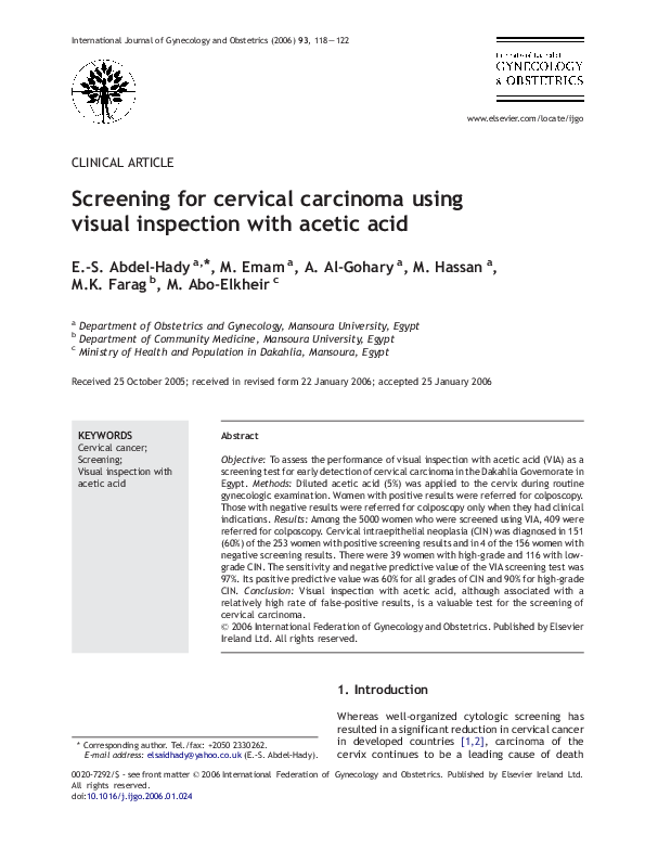 (PDF) Screening for cervical carcinoma using visual inspection with