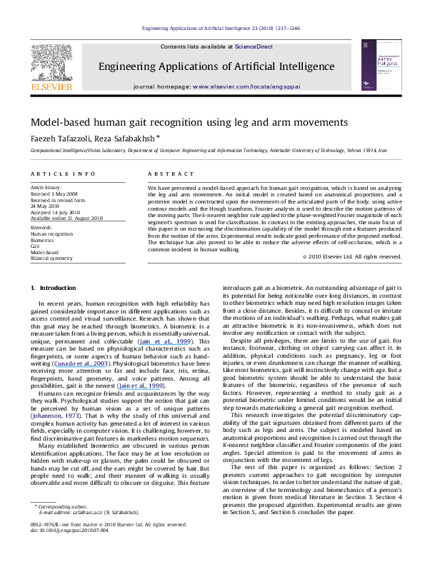 (PDF) Model-based human gait recognition using leg and arm movements