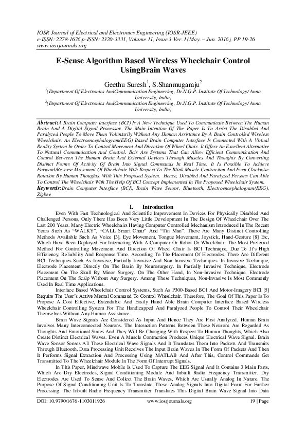 (PDF) ESense Algorithm Based Wireless Wheelchair Control UsingBrain