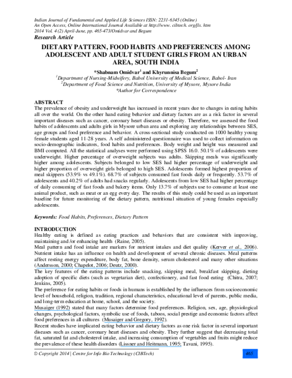 (PDF) Dietary Pattern, Food Habits and Preferences Among Adolescent and ...