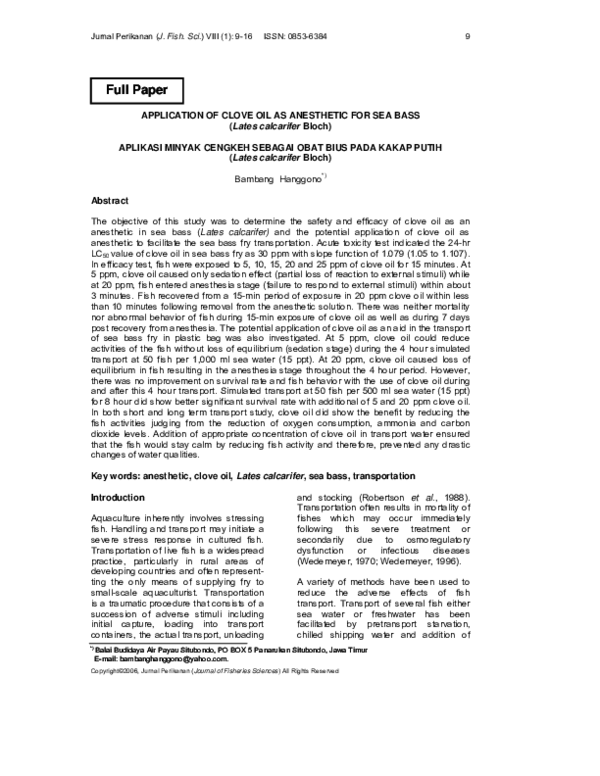 (PDF) Application of Clove Oil as Anesthetic for Sea Bass (Lates