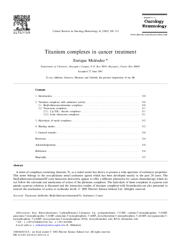 (PDF) Titanium complexes in cancer treatment enrique melendez