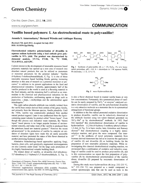 (PDF) Vanillin based polymers: I. An electrochemical route to polyvanillin