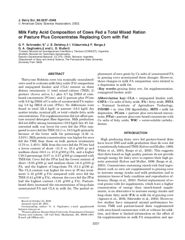 (PDF) Milk Fatty Acid Composition of Cows Fed a Total Mixed Ration or ...