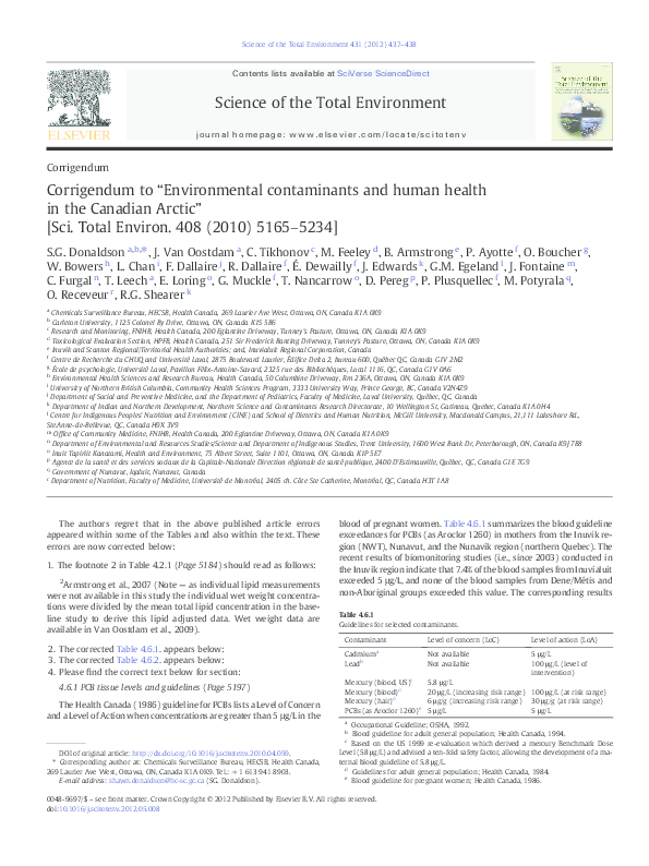 Pdf Corrigendum To Environmental Contaminants And Human Health In The Canadian Arctic Sci Total Environ 408 10 5165 5234 Mark Feeley Academia Edu