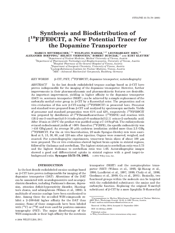 (PDF) Synthesis and biodistribution of [18F]FE@CIT, a new potential ...