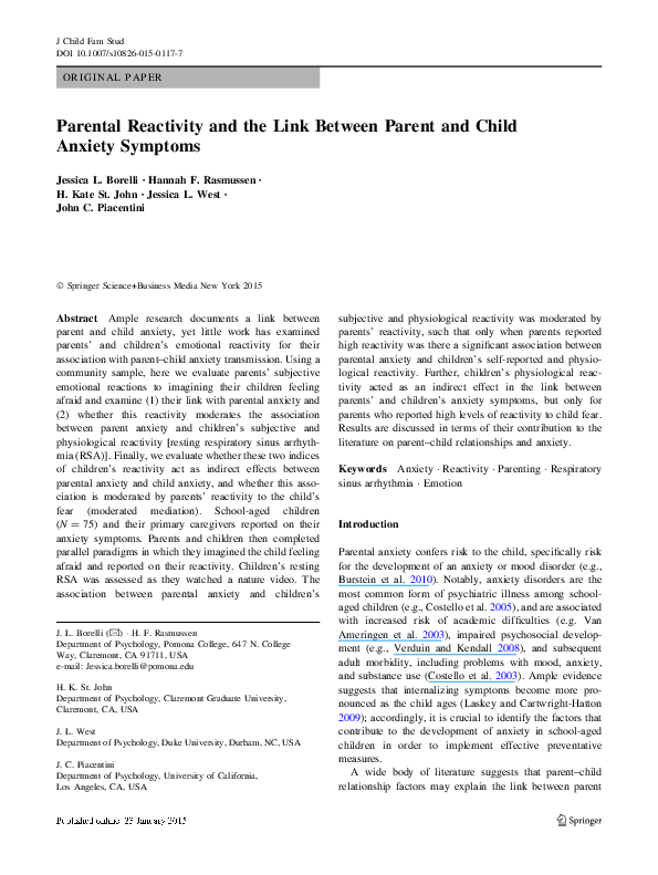 (PDF) Parental Reactivity and the Link Between Parent and Child Anxiety ...