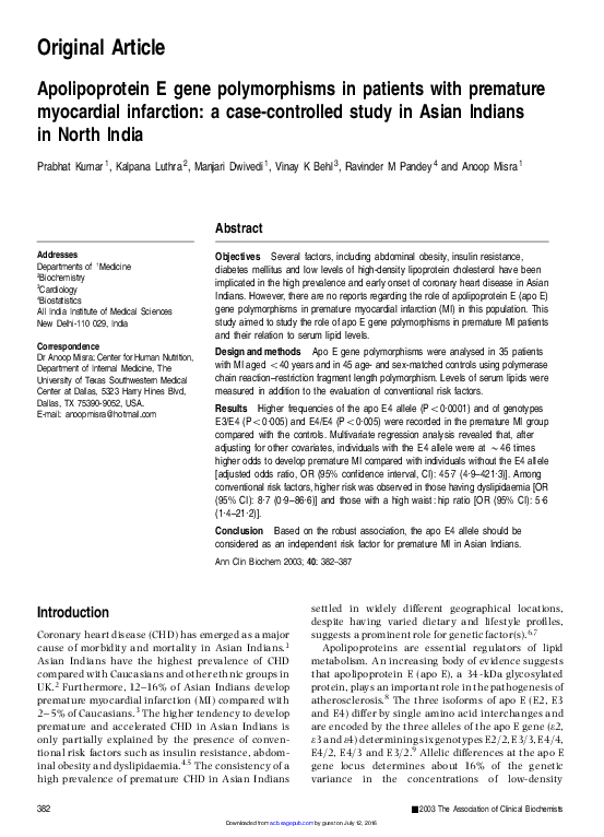 (PDF) Apolipoprotein E gene polymorphisms in patients with premature ...