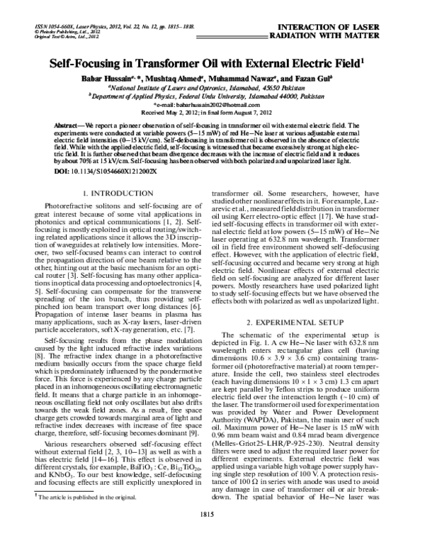 PDF Self focusing In Transformer Oil With External Electric Field