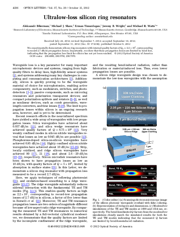 (PDF) Ultralow-loss silicon ring resonators