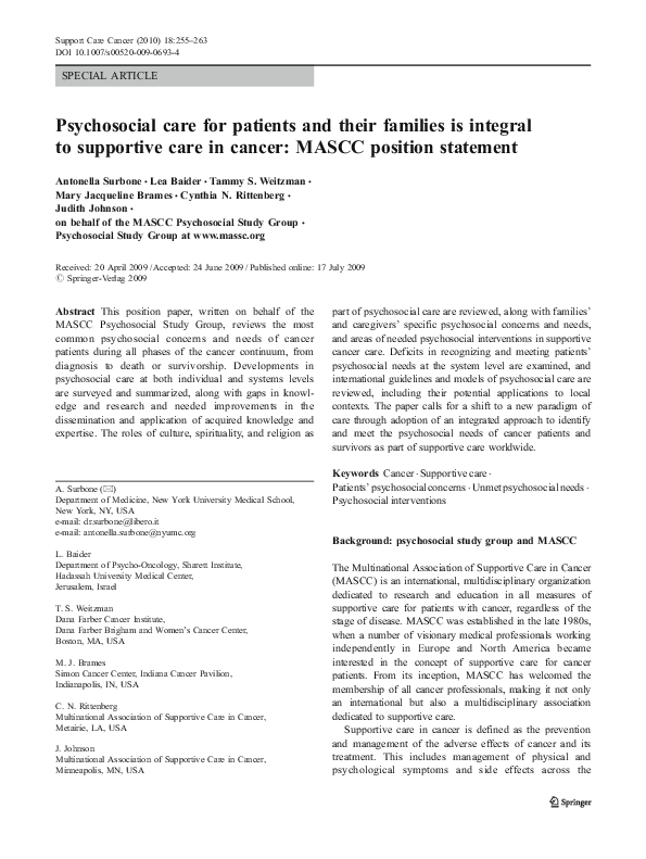 (PDF) Psychosocial care for patients and their families is integral to ...