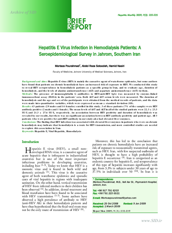 (PDF) Hepatitis E virus infection in hemodialysis patients: a ...