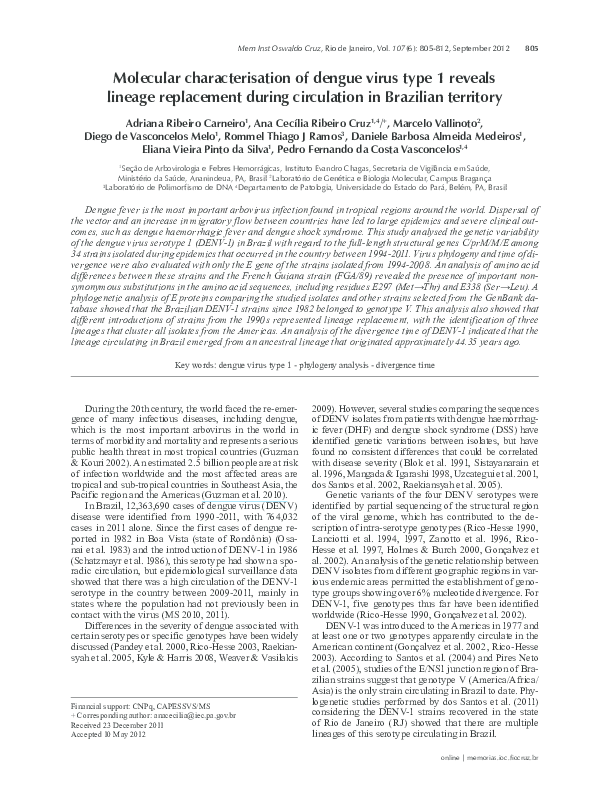 (PDF) Molecular characterisation of dengue virus type 1 reveals lineage ...
