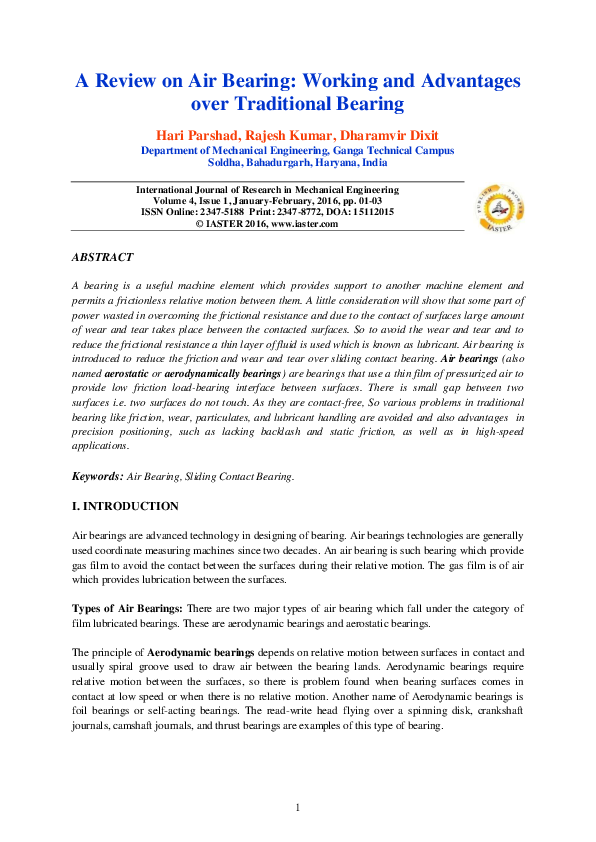 (PDF) A Review on Air Bearing Working and Advantages over Traditional Bearing IASTER Research