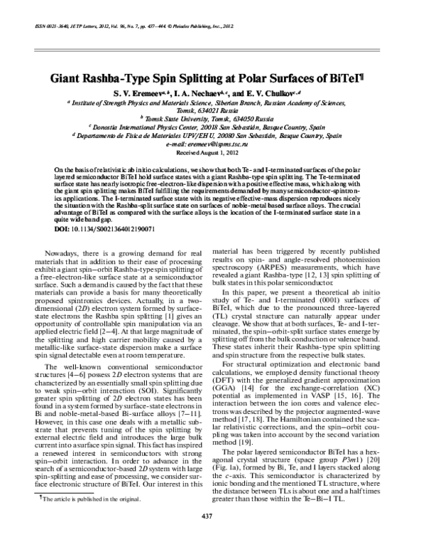 (PDF) Giant Rashba-type spin splitting at polar surfaces of BiTeI