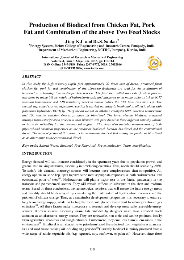 (PDF) Production of Biodiesel from Chicken Fat, Pork Fat and